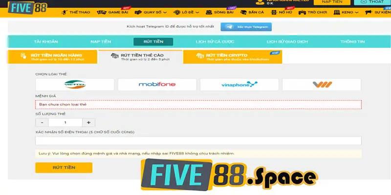 Rút tiền Five88 qua thẻ cào